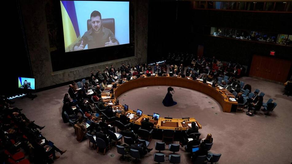 Volodimir Zelenski ante el Consejo de Seguridad de la ONU, foto EFE
