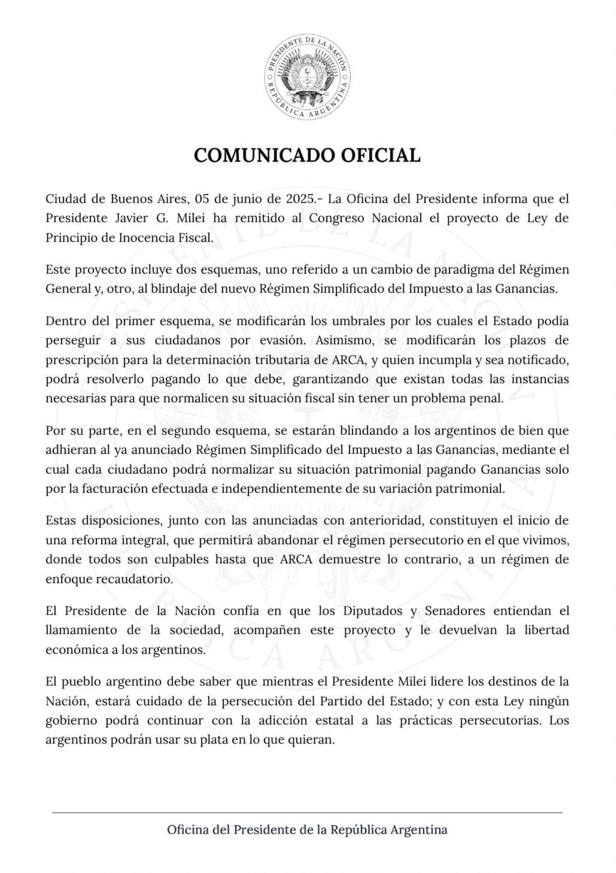 Detalles del Proyecto de Ley de Principio de Inocencia Fiscal. Foto: Presidencia