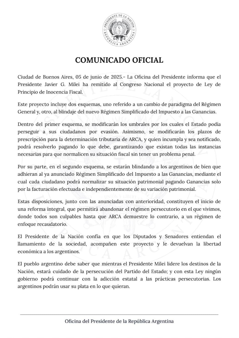 Detalles del Proyecto de Ley de Principio de Inocencia Fiscal. Foto: Presidencia