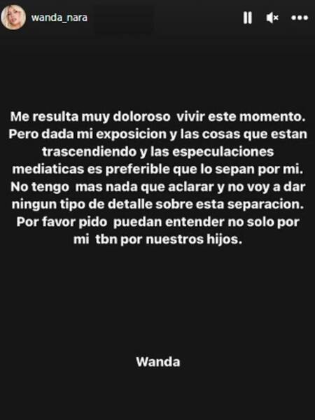 El comunicado de Wanda Nara sobre su separación. Foto: historia Instagram.