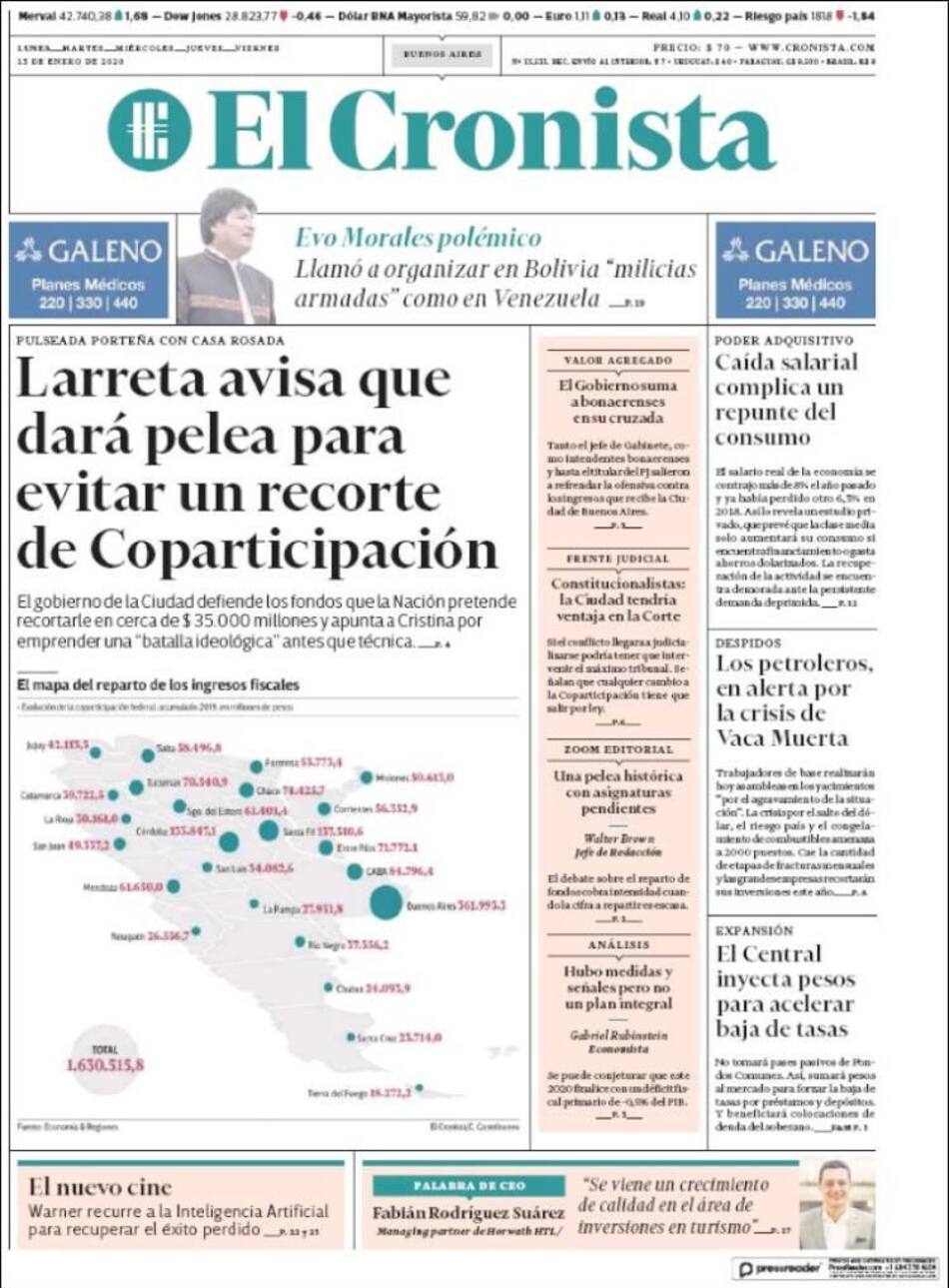 Tapas de diarios, El Cronista, lunes 13 de enero de 2020