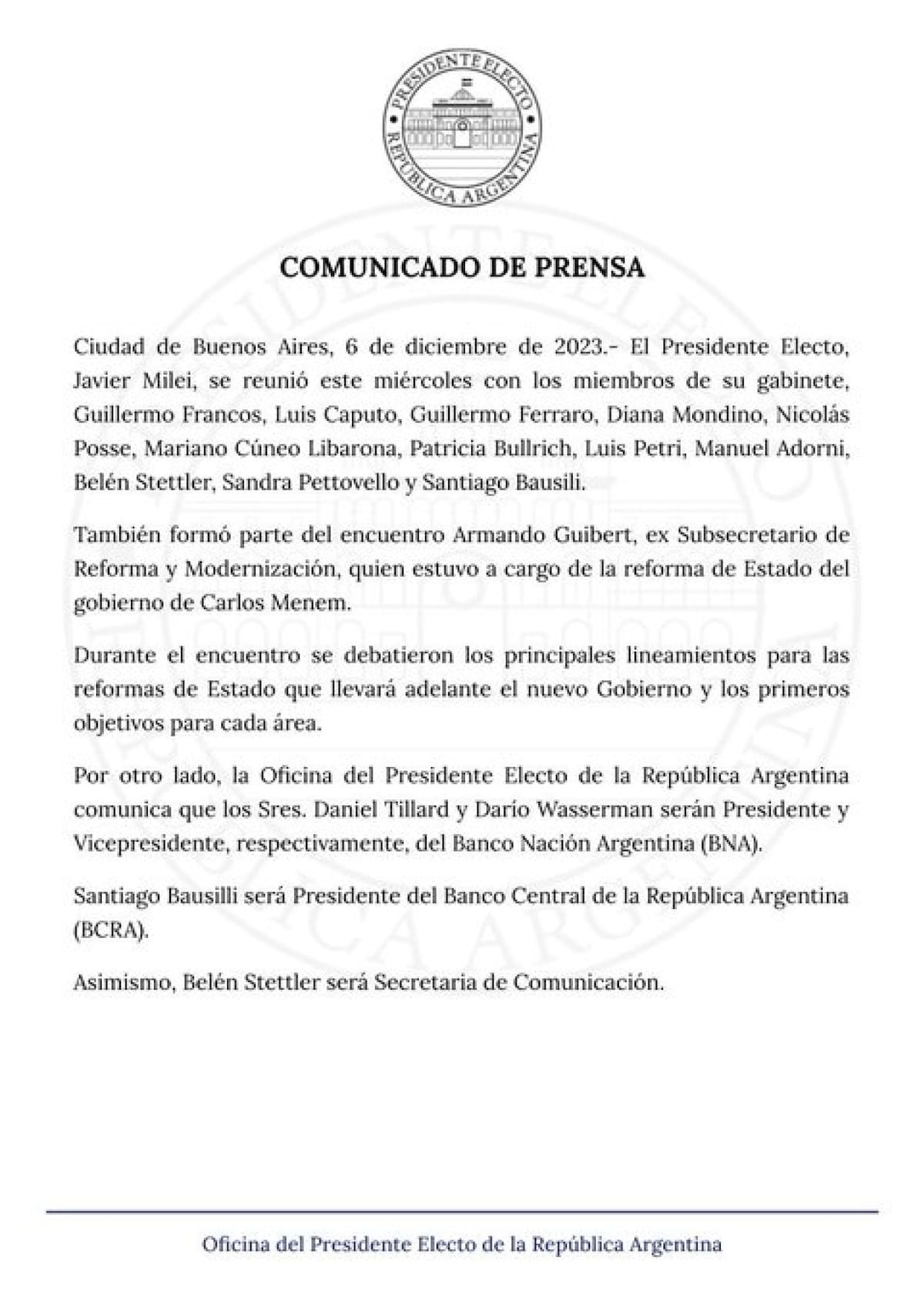 Comunicado de prensa sobre las nuevas designaciones en el gabinete de Javier Milei.
