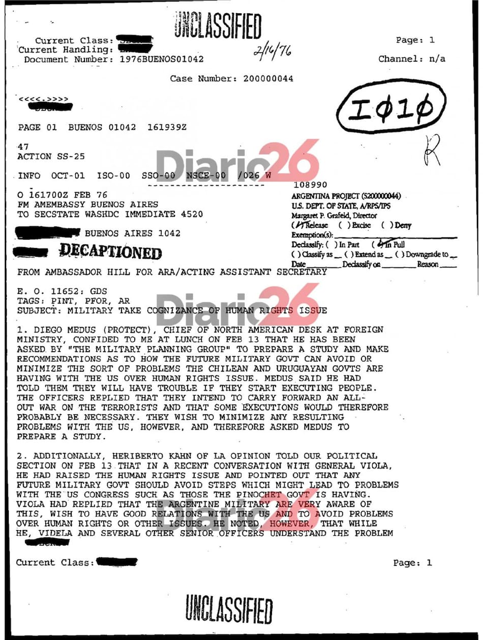 24 de marzo de 1976, golpe militar, dictadura militar en Argentina, documentos de Estados Unidos