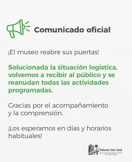 Comunicado oficial sobre la apertura del museo. Foto: Instagram @oficial.palaciosanjose