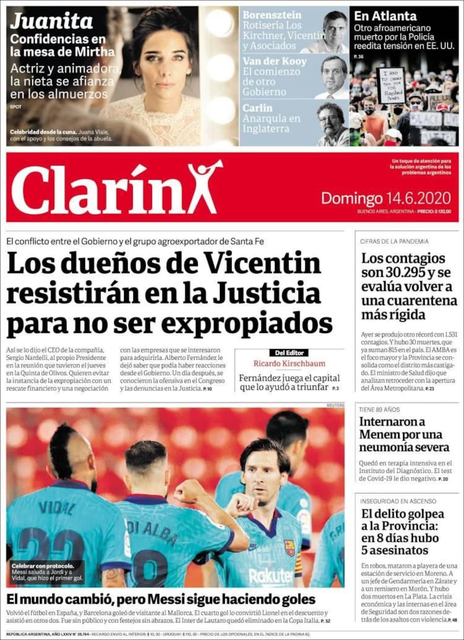 Tapa de diarios, Clarin, domingo 14 de junio de 2020