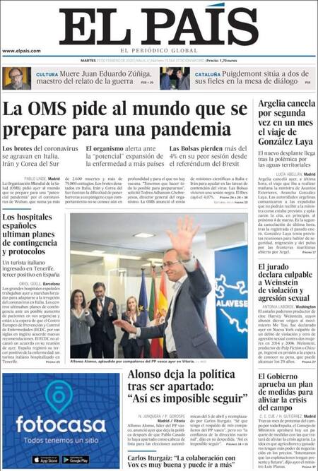 Tapa diarios, El País, martes 25 de febrero de 2020|