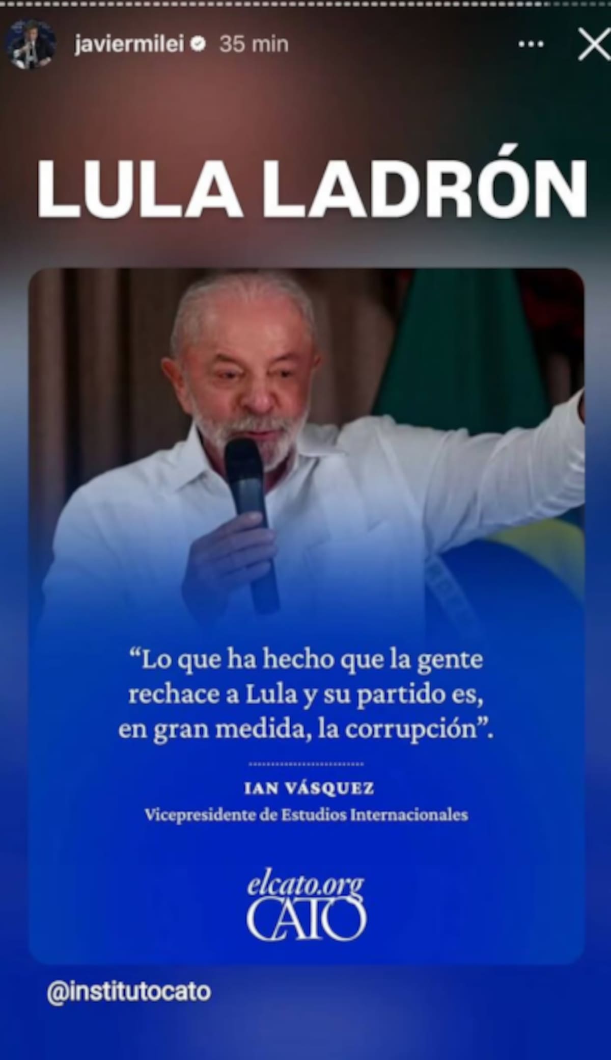 Posteo de Javier Milei sobre Lula en Instagram.