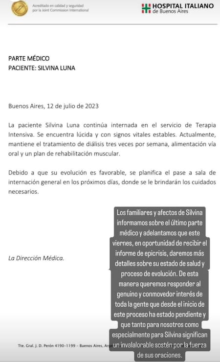 Parte médico de Silvina Luna 12-07-23