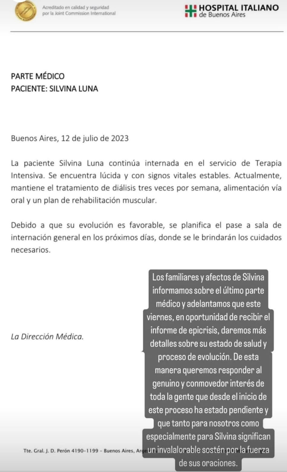 Parte médico de Silvina Luna 12-07-23
