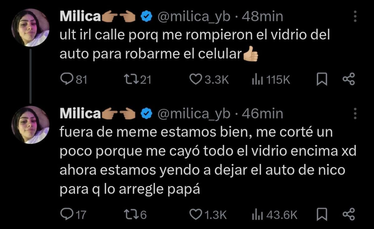 Los posteos de Milica tras el robo. Foto: X.