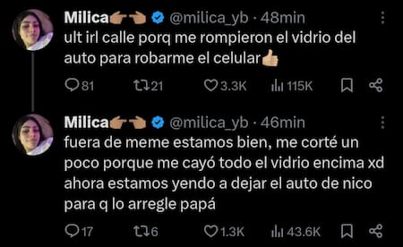 Los posteos de Milica tras el robo. Foto: X.
