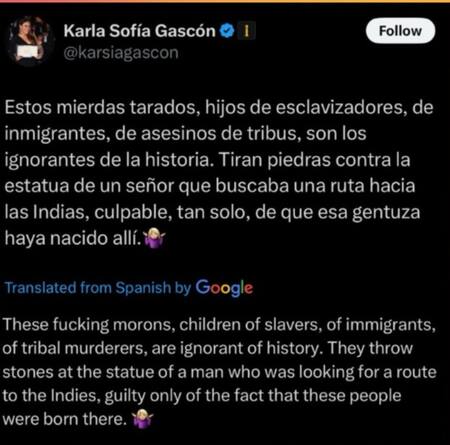 Los tuits de Karla Sofía Gascón. Foto: X @karsiagascon