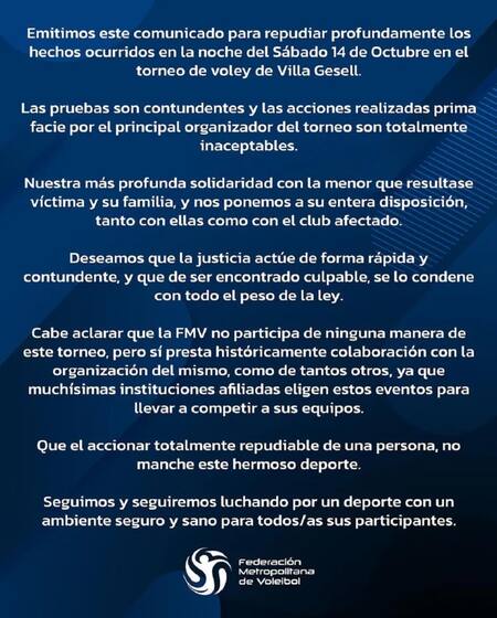 El comunicado de la FMV. Foto: Instagram @metro.voley