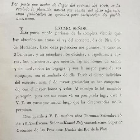 El resultado de la decisión de Belgrano: el parte de batalla que redactó y que fue publicado en la Gaceta de Buenos Aires