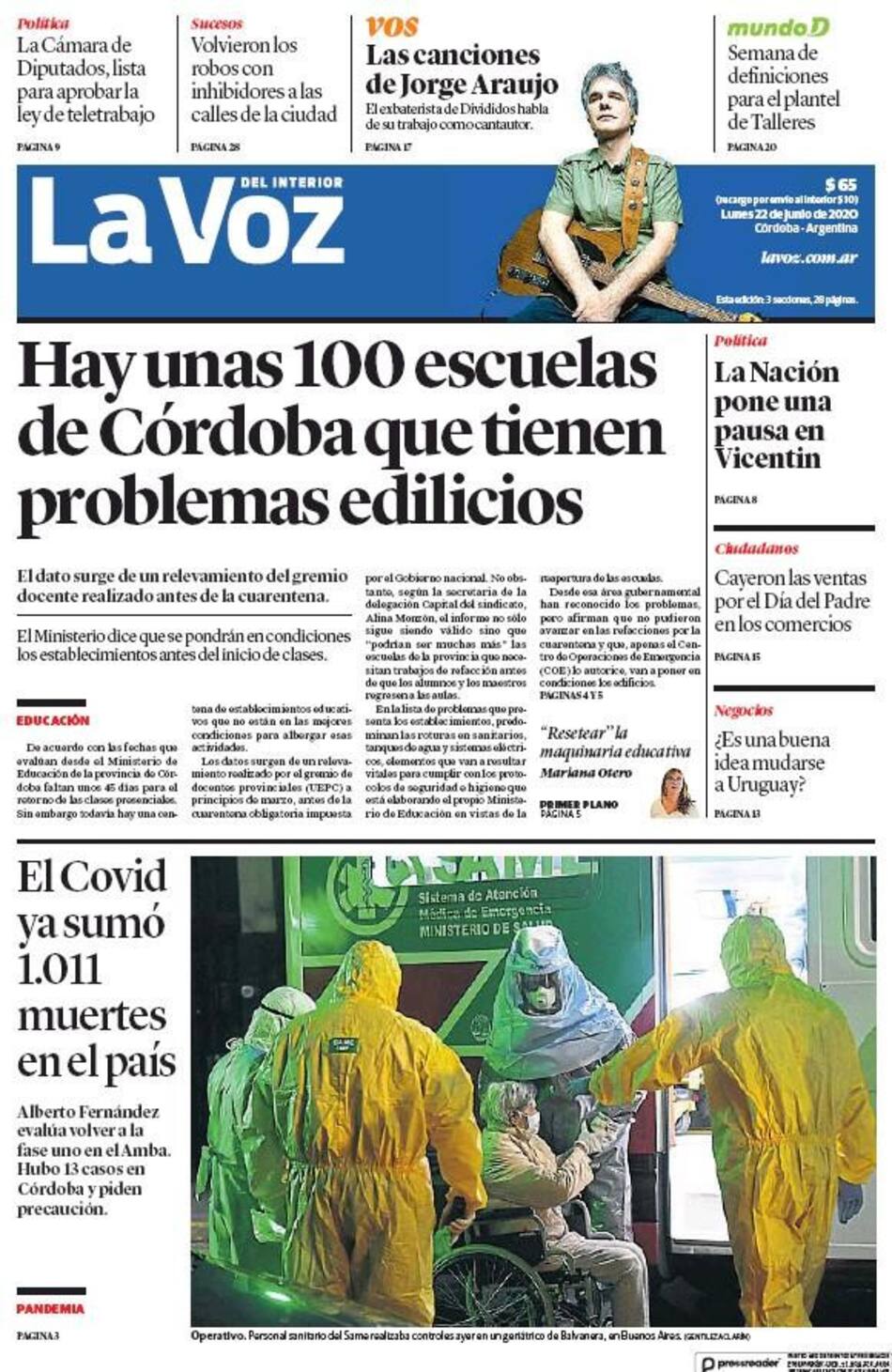 Tapas de diarios, La Voz del Interior, lunes 22 de junio de 2020