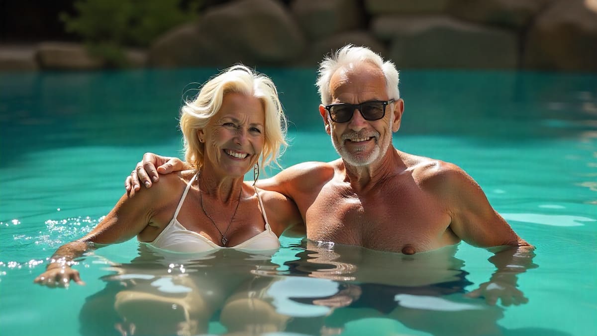 Jubilados en aguas termales, tercera edad, bienestar.