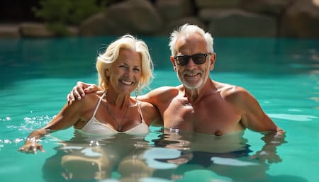 Jubilados en aguas termales, tercera edad, bienestar.