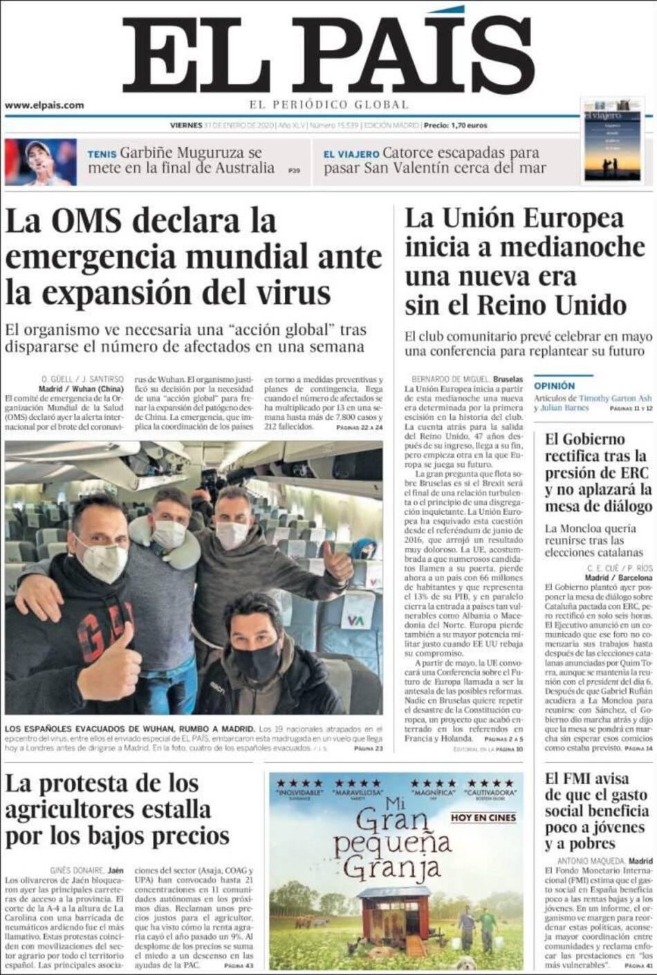 Tapas de diarios, El País, viernes 31 de enero de 2020