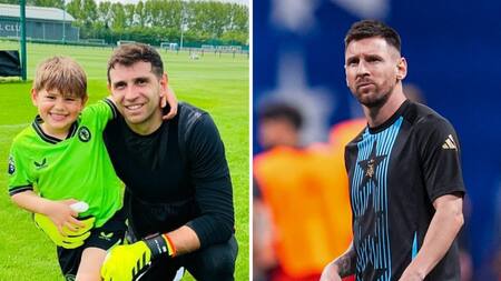 Emiliano "Dibu" Martínez junto a su hijo y Lionel Messi. Foto: Instagram - Reuters.