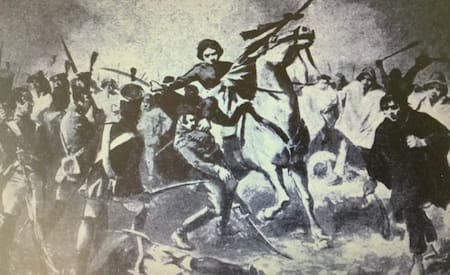 Una ilustración publicada en la revista Caras y Caretas de Azurduy en el campo de batalla