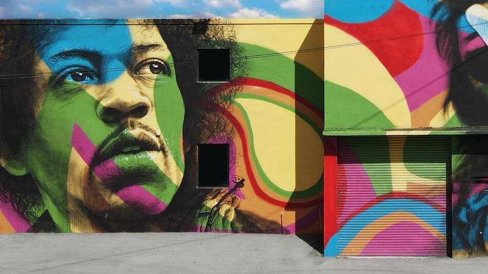 Jimi Hendrix en parte del mural "Imagine" de @stefanoalcantaraart en Fort Lauderdale, Florida, EEUU. Foto: Terence Faircloth/Flickr