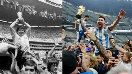 Diego Maradona y Lionel Messi con la Copa del Mundo. Foto: REUTERS.