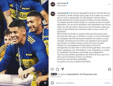 La despedida de Marcos Rojo de Boca en redes sociales.