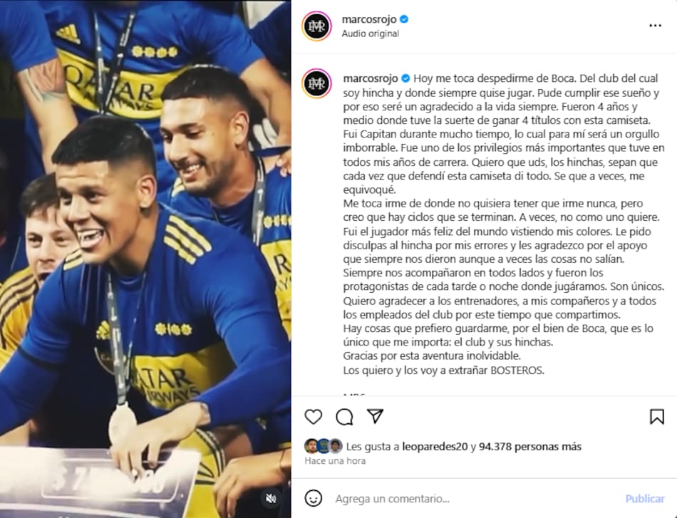 La despedida de Marcos Rojo de Boca en redes sociales.