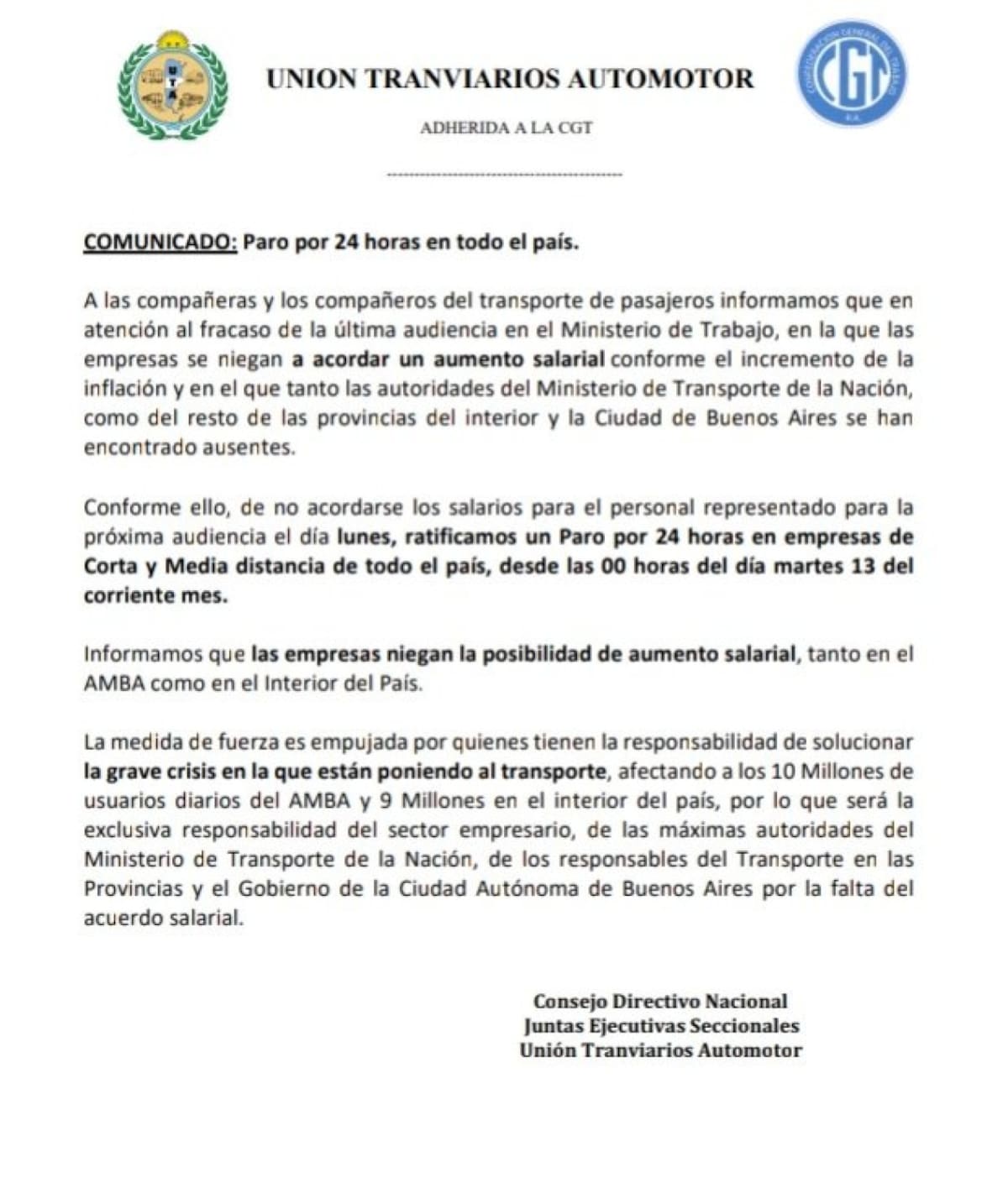 El comunicado de la UTA sobre el paro total de colectivos para el próximo martes. Foto: Twitter.