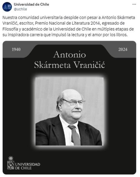 El anuncio de la Universidad de Chile tras la muerte de Antonio Skármeta. Foto: Captura X.