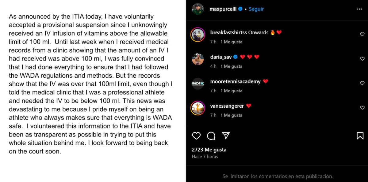 El comunicado de Max Purcell. Foto: Instagram.