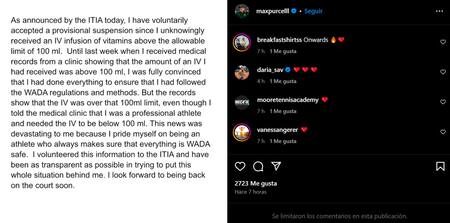El comunicado de Max Purcell. Foto: Instagram.