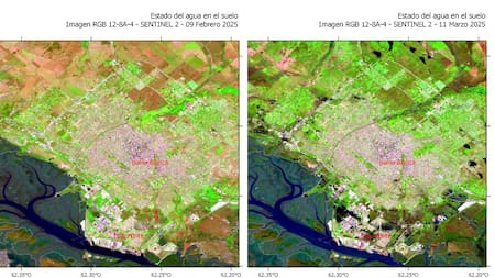 El antes y después del temporal en Bahía Blanca. Fotos: SMN.