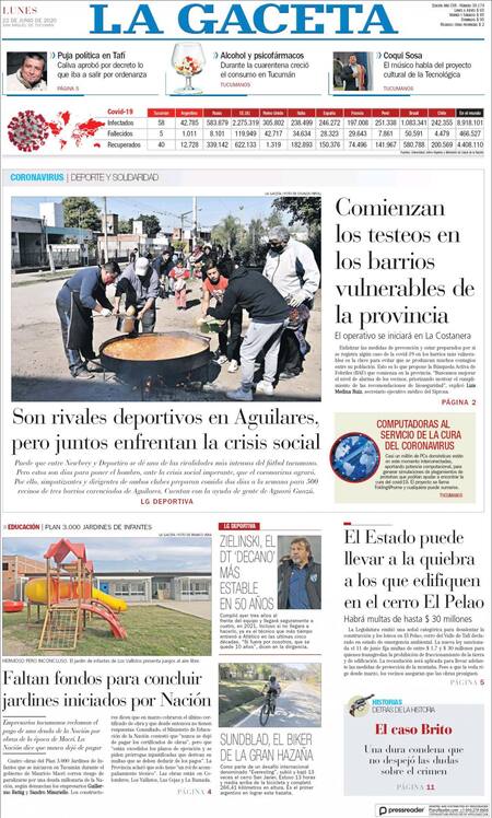 Tapas de diarios, La Gaceta, lunes 22 de junio de 2020