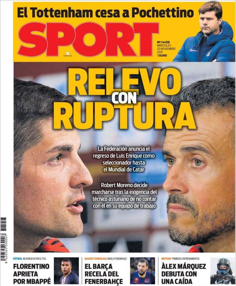 Tapas de diarios, Sport de España, miércoles 20-11-19