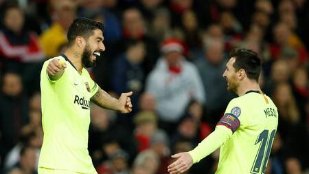 Champions League: Manchester United vs. Barcelona, festejo de Luis Suárez y Lionel Messi, Reuters