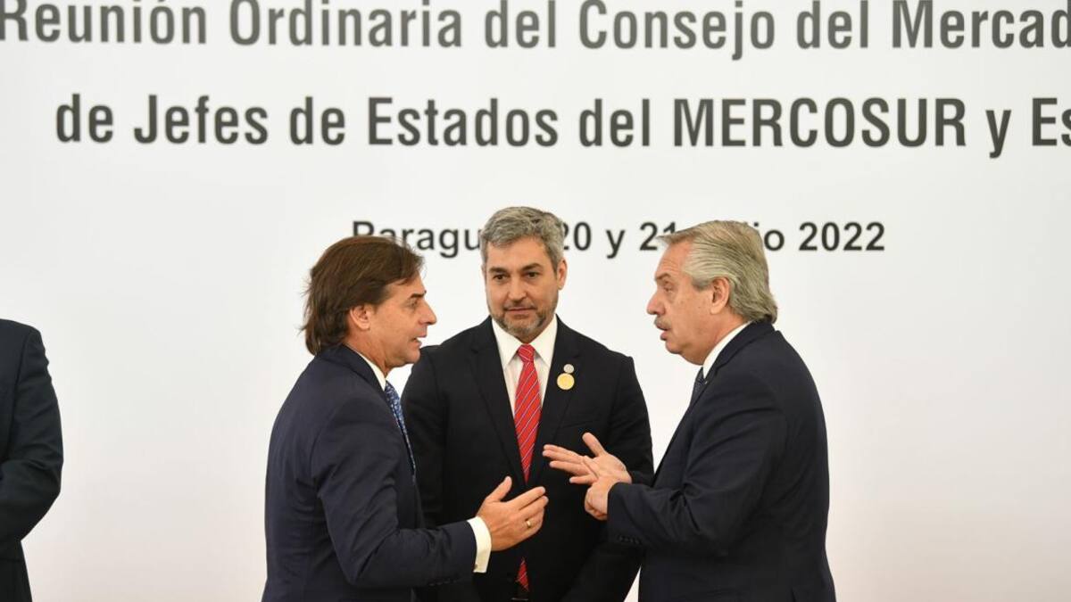 Luis Lacalle Pou, Mario Abdo Benitez y Alberto Fernandez. Foto: NA.