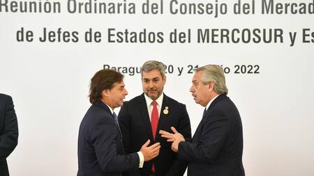 Luis Lacalle Pou, Mario Abdo Benitez y Alberto Fernandez. Foto: NA.