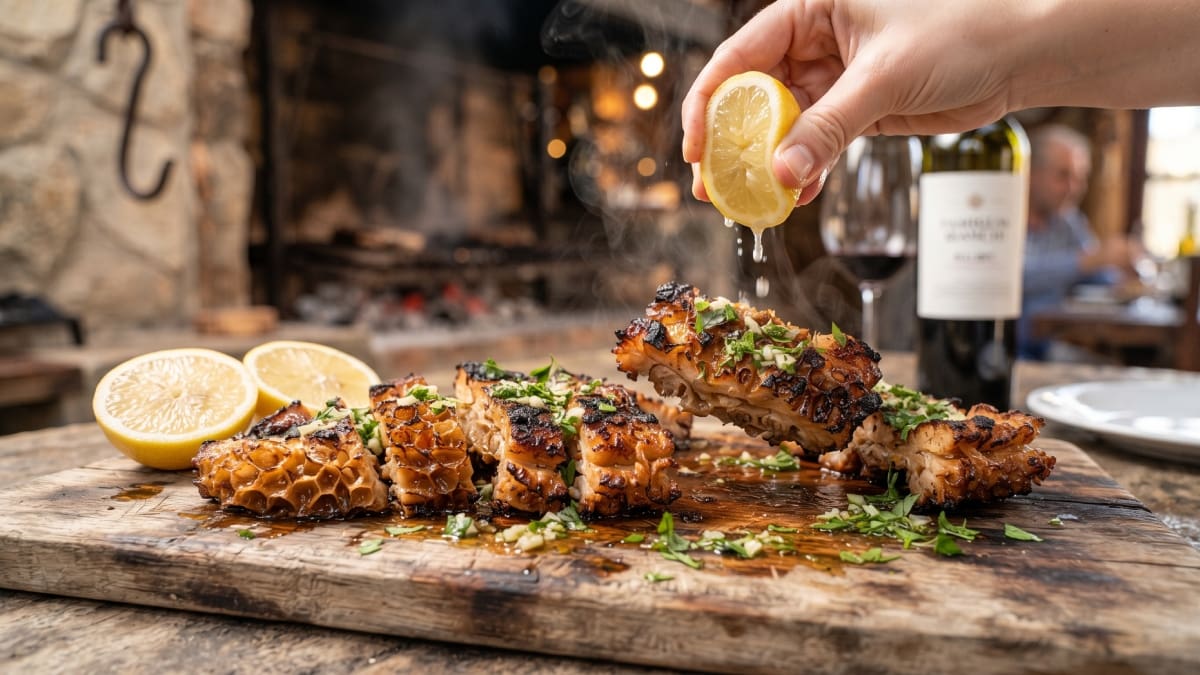 Mondongo a la parrilla en una tabla de madera, con limón.