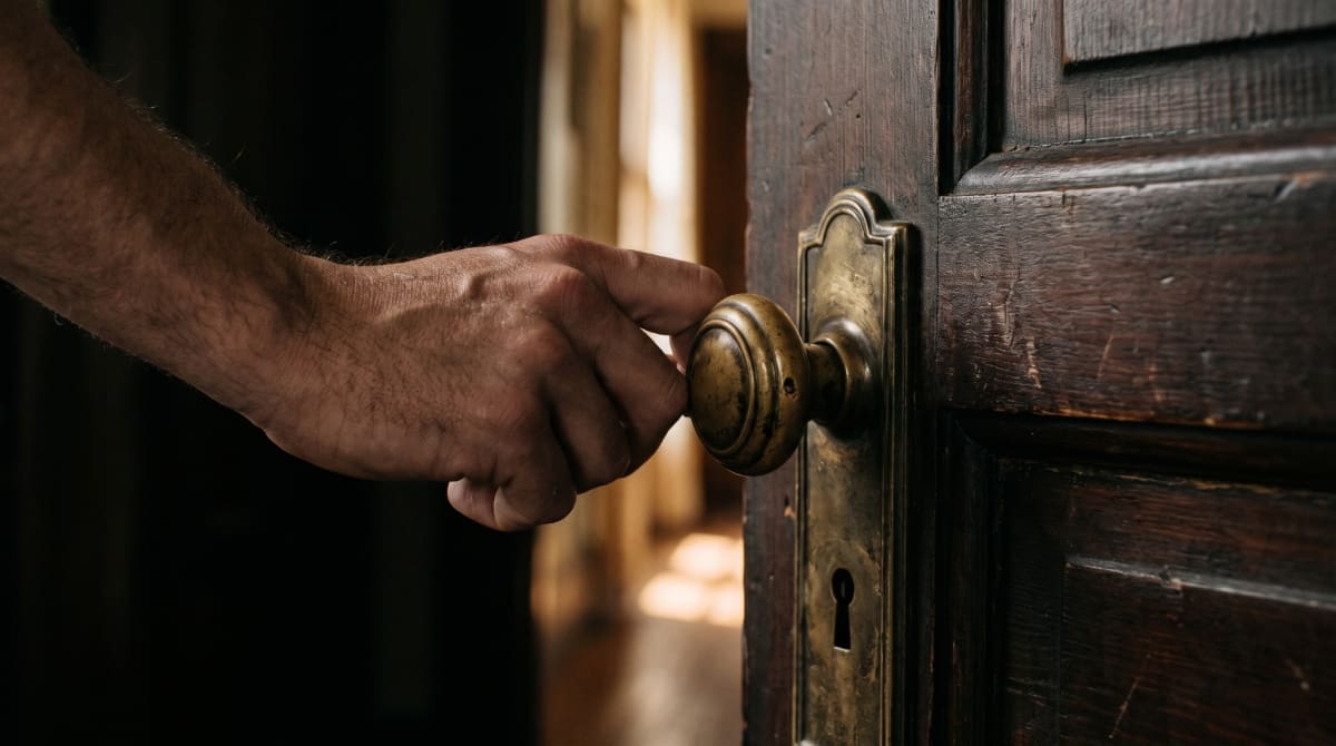 Una persona abre una puerta.