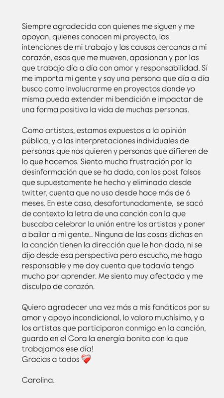 El descargo de Karol G. Foto: Instagram.