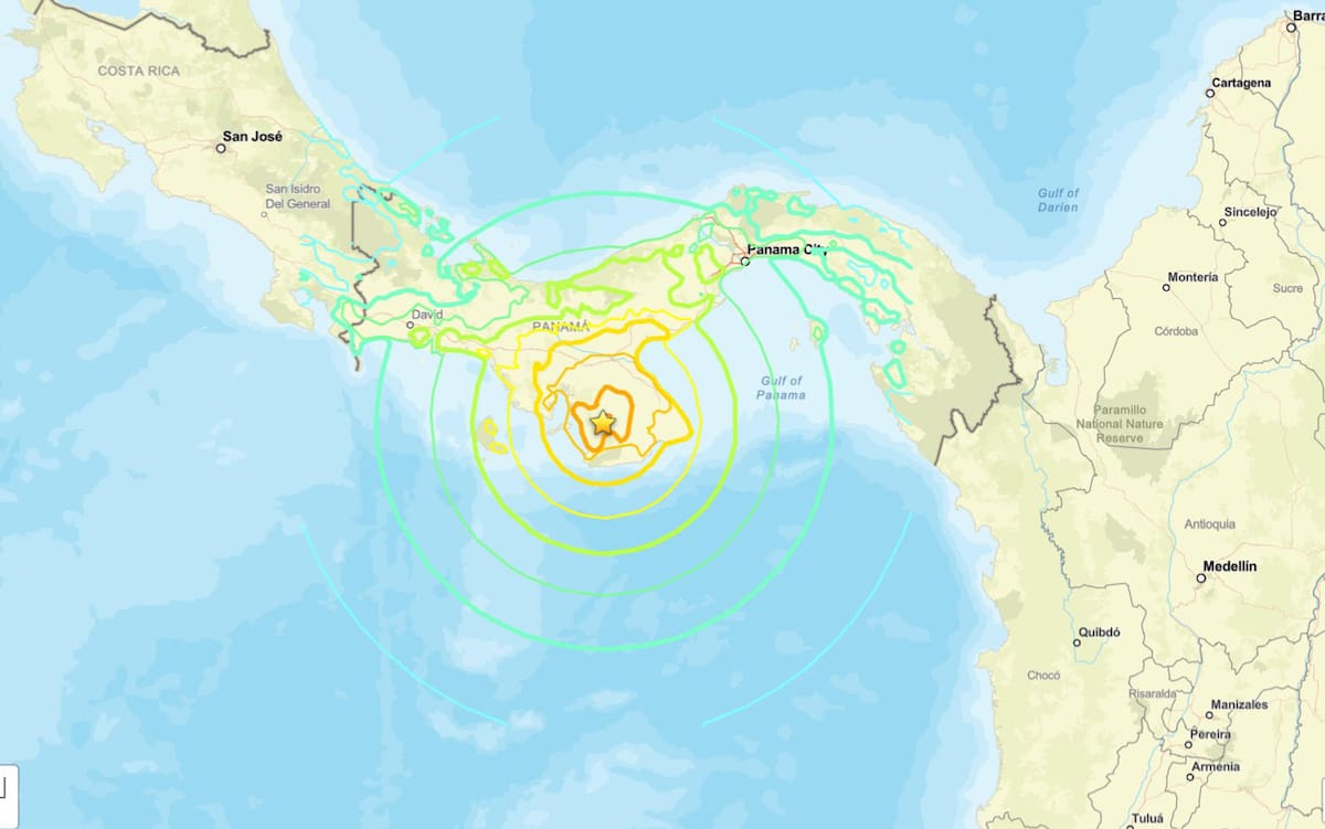 Mapa difundido por el Servicio Geológico de Estados Unidos (USGS) del epicentro de un terremoto que sacudió este viernes 9/10 el sureste de Panamá.