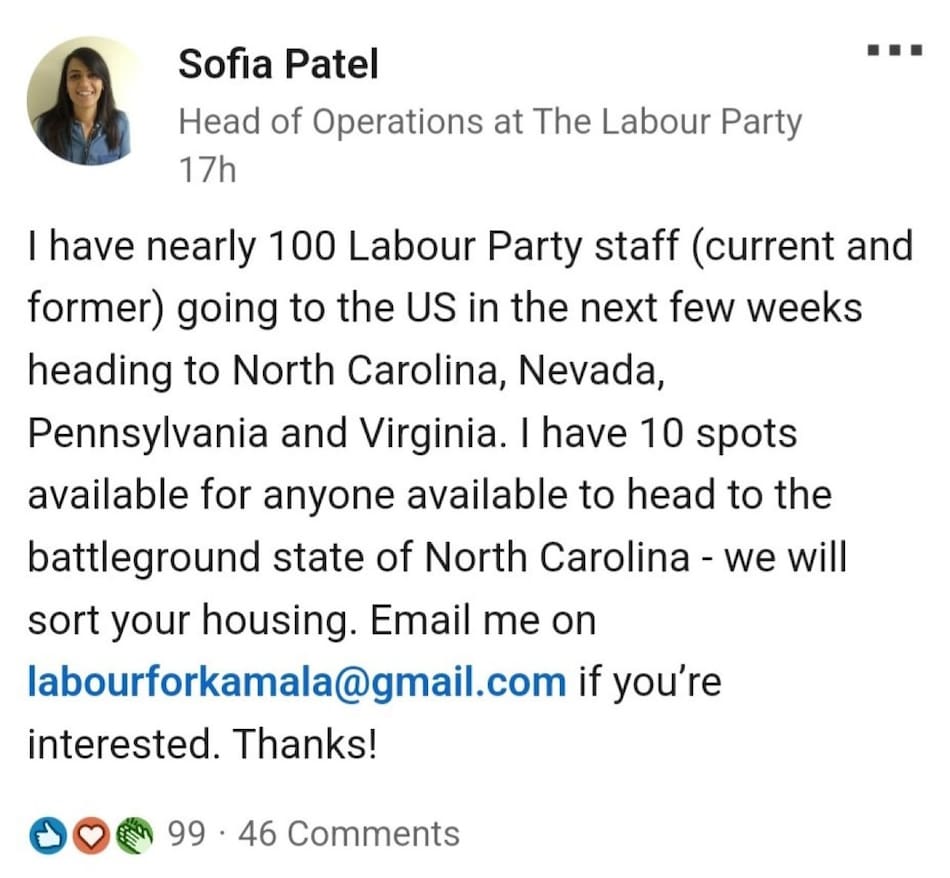 Posteo en Linkedin de Sofia Patel sobre las elecciones en Estados Unidos. Foto: Linkedin.
