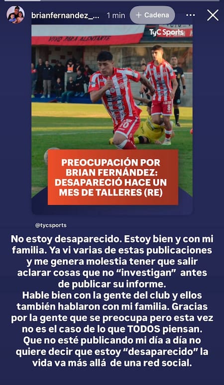 Mensaje de Brian Fernández por su ausencia a las prácticas de Talleres (RE)