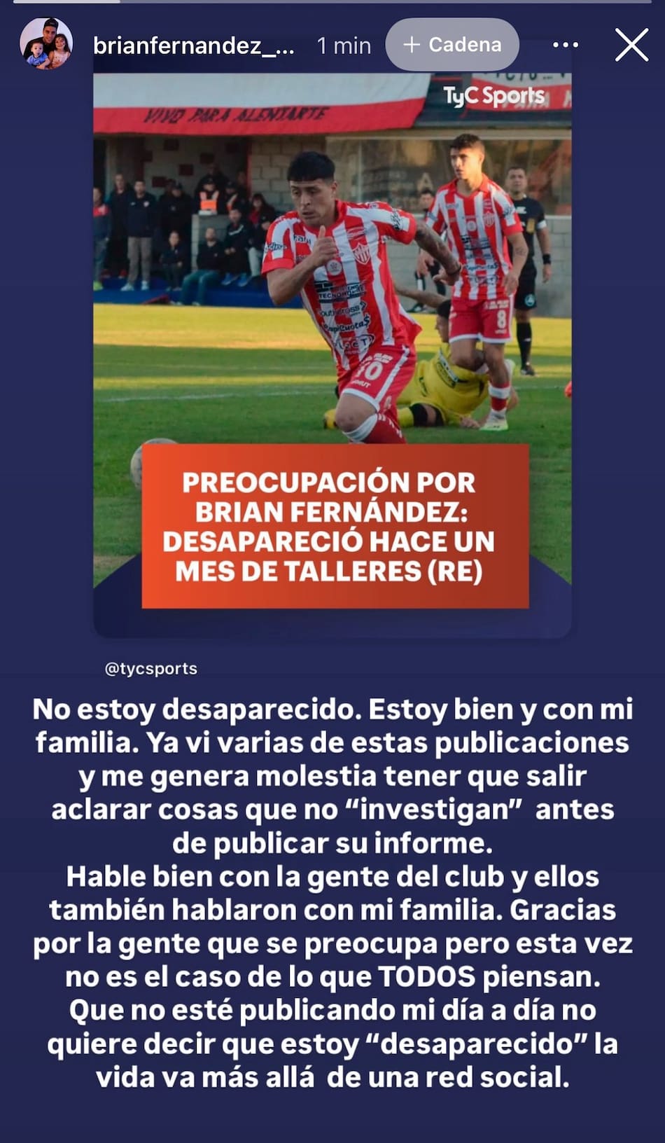 Mensaje de Brian Fernández por su ausencia a las prácticas de Talleres (RE)