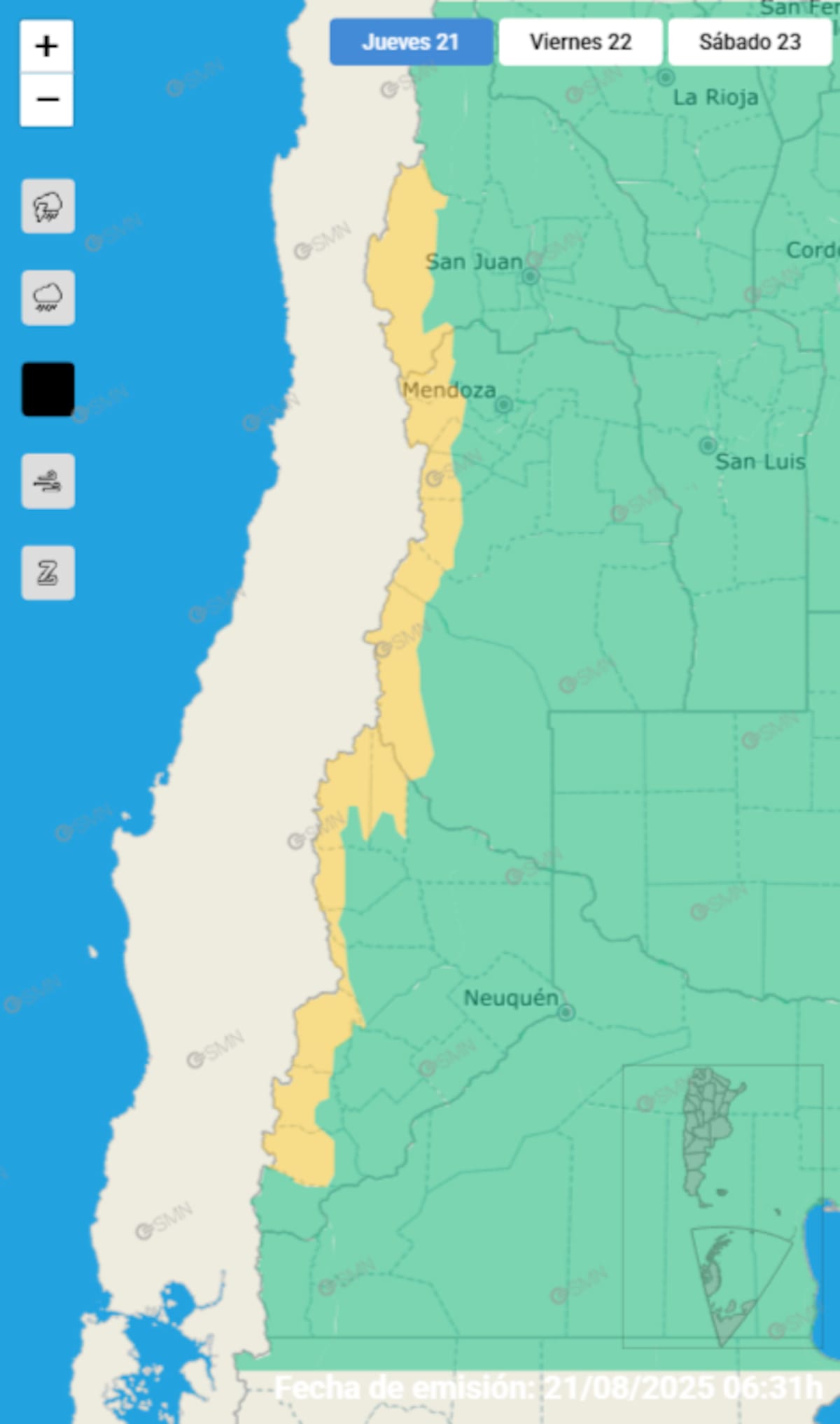 Alerta amarillo por nevadas en tres provincias.