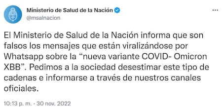 El tweet del Ministerio de Salud. Foto: Twitter.
