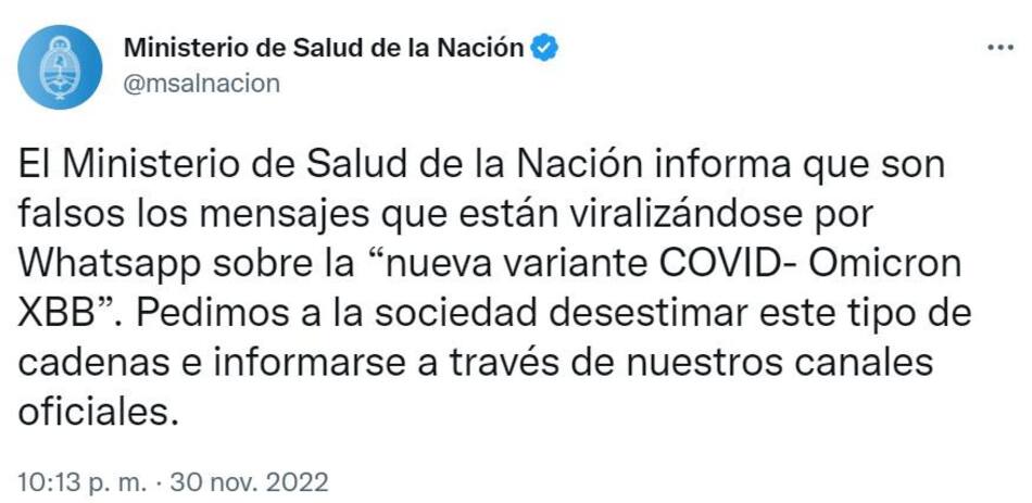 El tweet del Ministerio de Salud. Foto: Twitter.