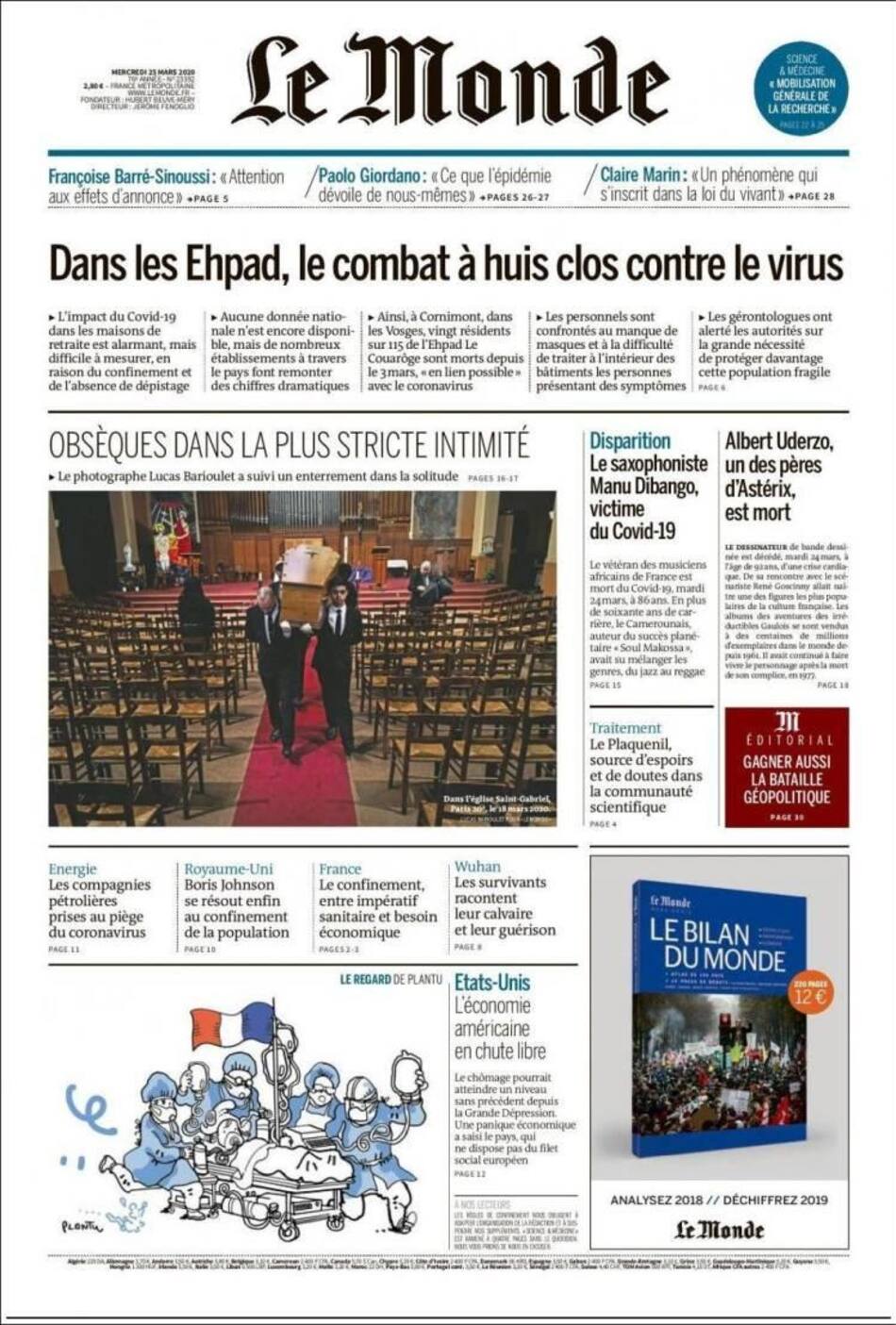 Tapas de diarios, Le Monde, 25 de marzo de 2020