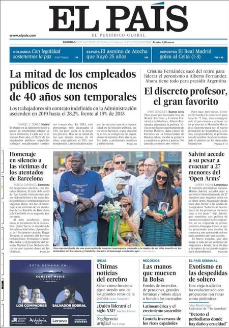 Tapas de diarios, El País, domingo 18-08-19